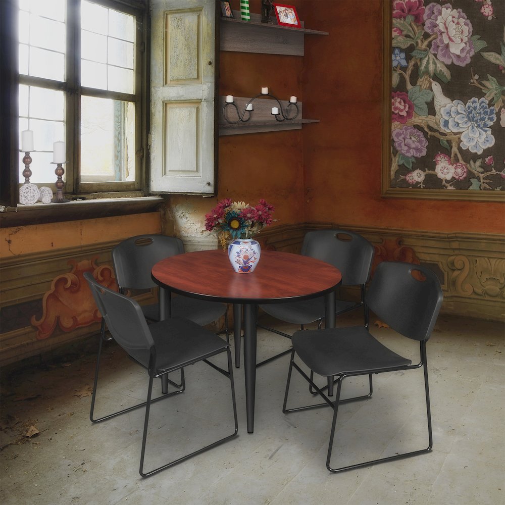 42 Round Breakroom Table- Cherry Top, Black Base & 4 Zeng Stack Chairs- Black. Picture 8