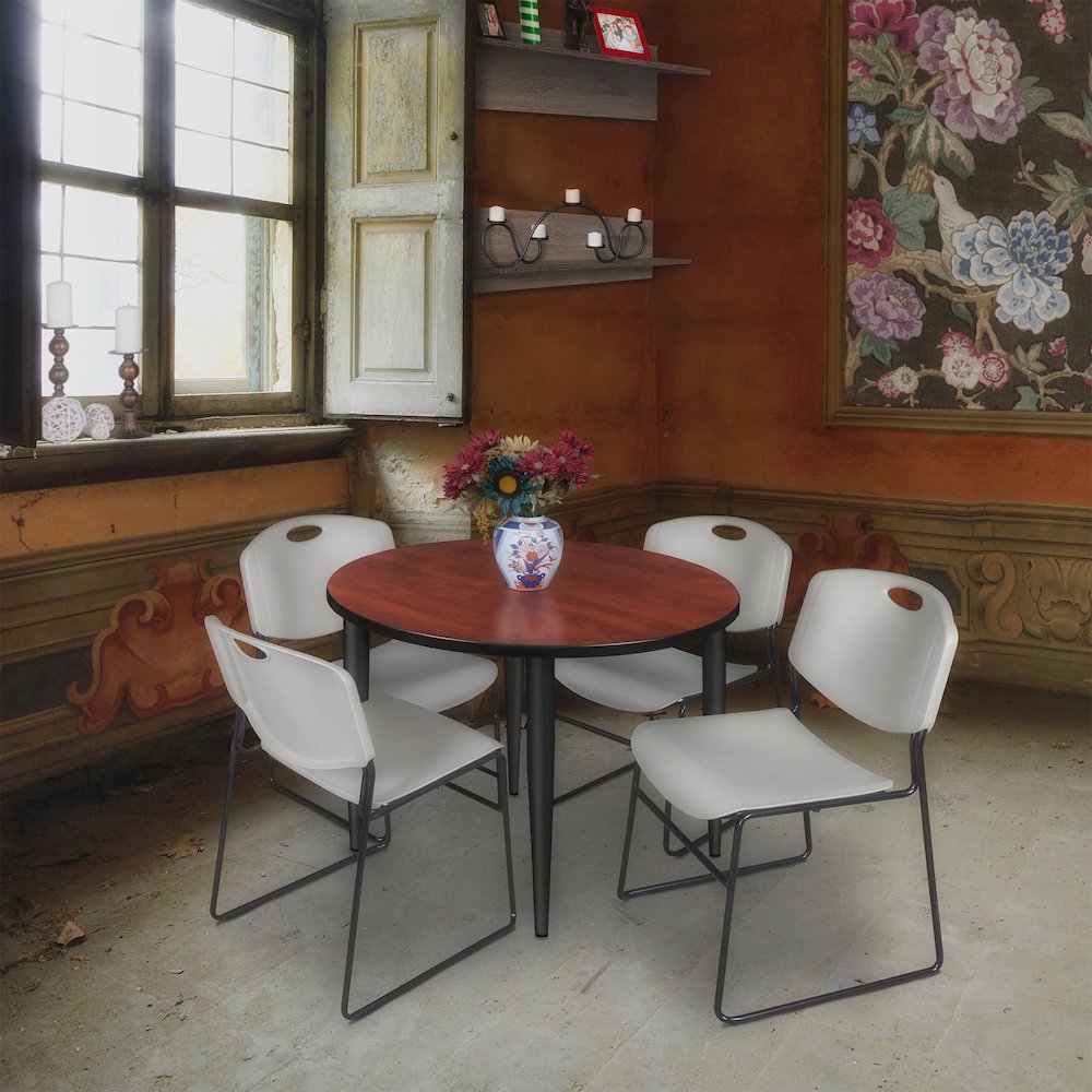 42 in. Round Breakroom Table- Cherry Top, Black Base & 4 Zeng Stack Chairs- Grey. Picture 8