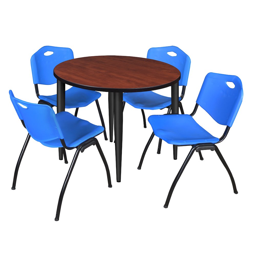 42 in. Round Breakroom Table- Cherry Top, Black Base & 4 M Stack Chairs- Blue. Picture 1