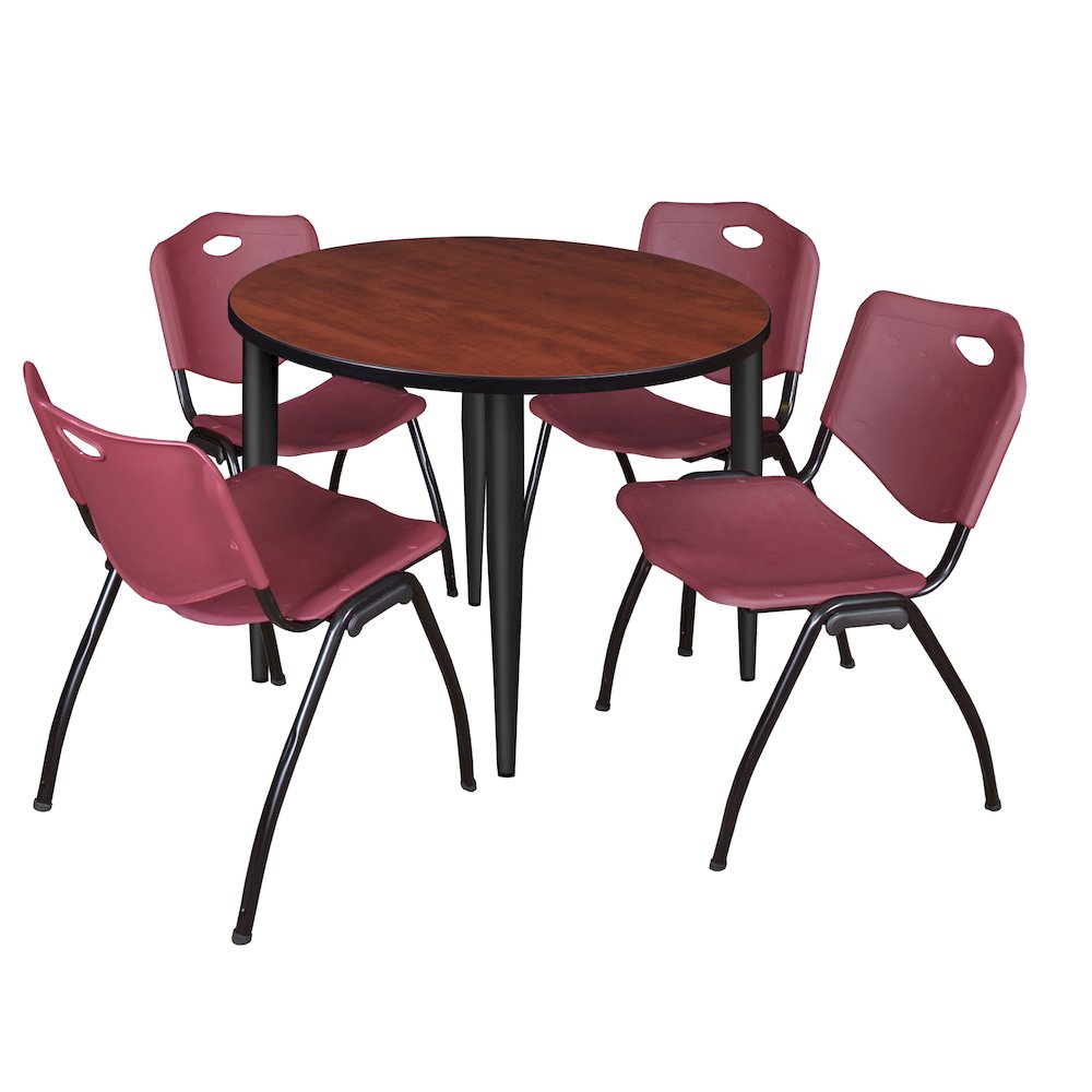 42 Round Breakroom Table- Cherry Top, Black Base & 4 M Stack Chairs- Burgundy. Picture 1
