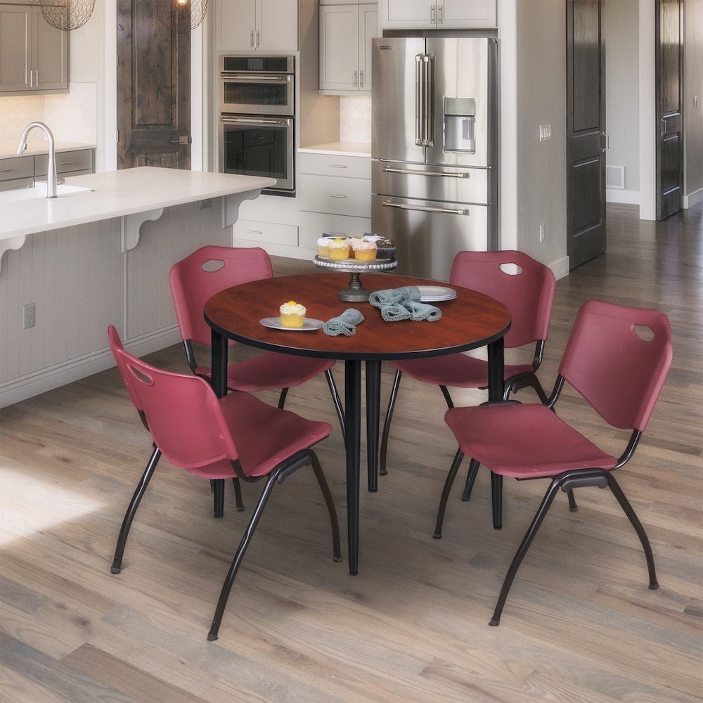 42 Round Breakroom Table- Cherry Top, Black Base & 4 M Stack Chairs- Burgundy. Picture 8