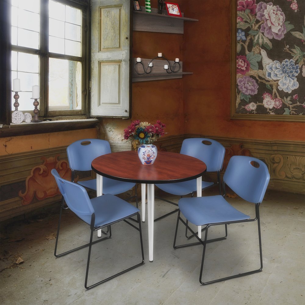 42 Round Breakroom Table- Cherry Top, Chrome Base & 4 Zeng Stack Chairs- Blue. Picture 8