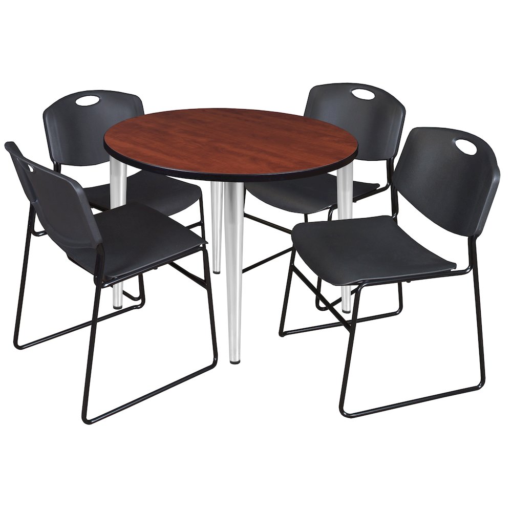 42 Round Breakroom Table- Cherry Top, Chrome Base & 4 Zeng Stack Chairs- Black. Picture 1