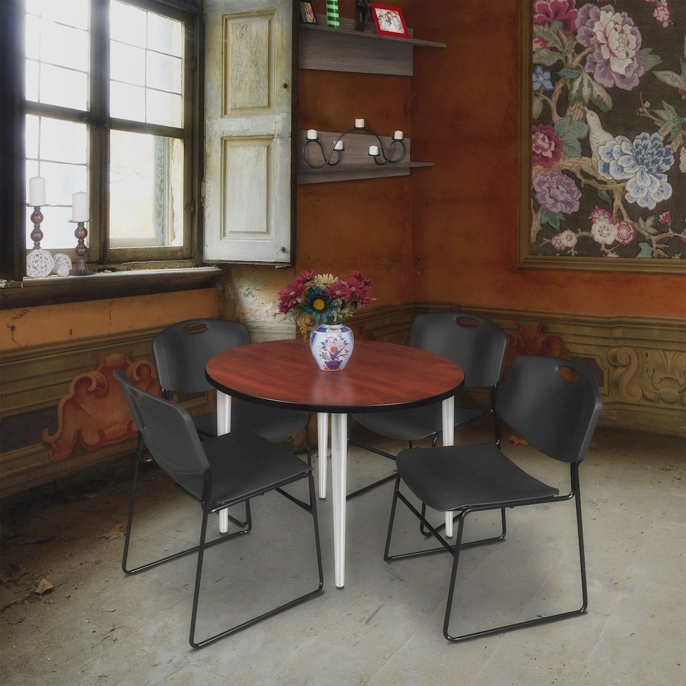 42 Round Breakroom Table- Cherry Top, Chrome Base & 4 Zeng Stack Chairs- Black. Picture 8