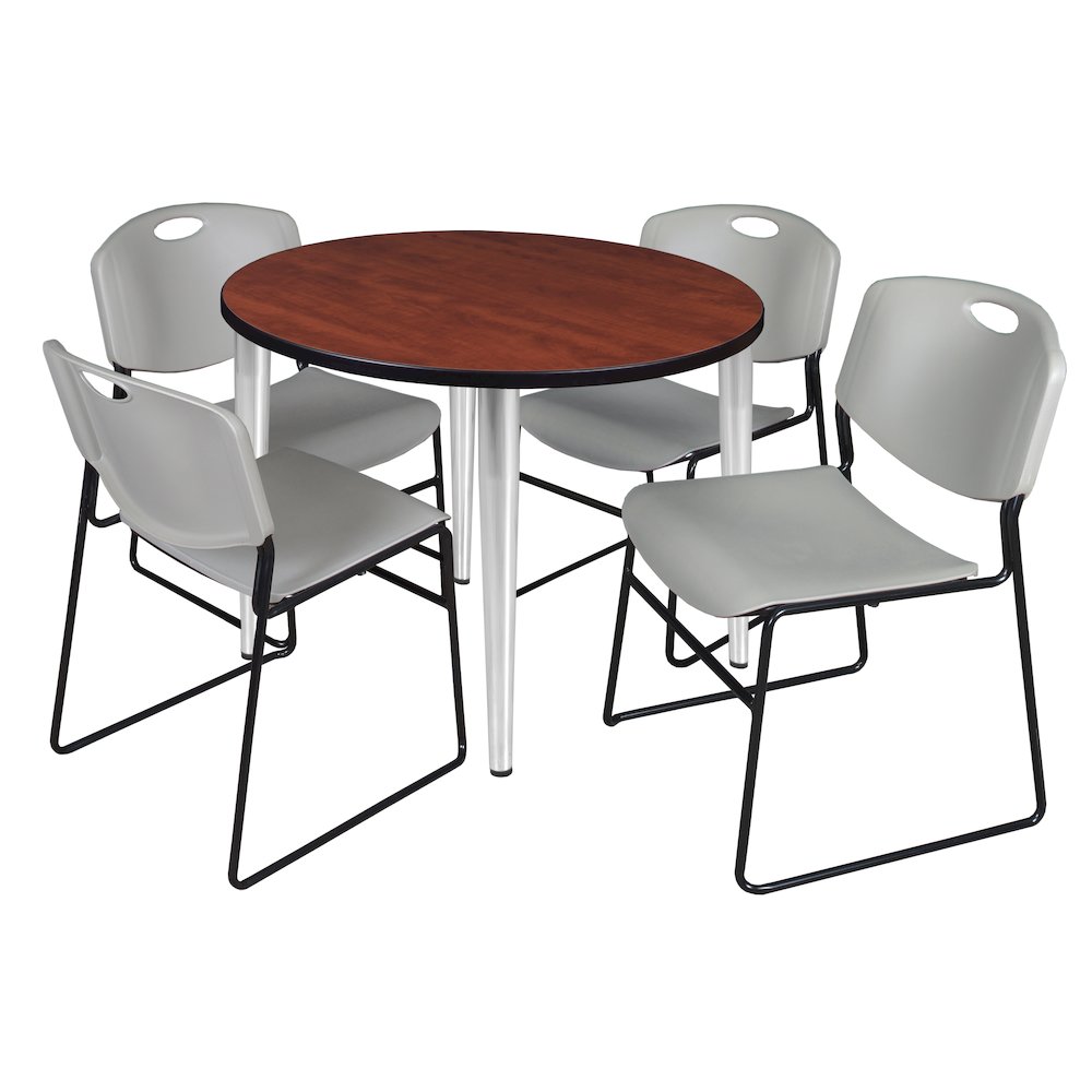 42 Round Breakroom Table- Cherry Top, Chrome Base & 4 Zeng Stack Chairs- Grey. Picture 1