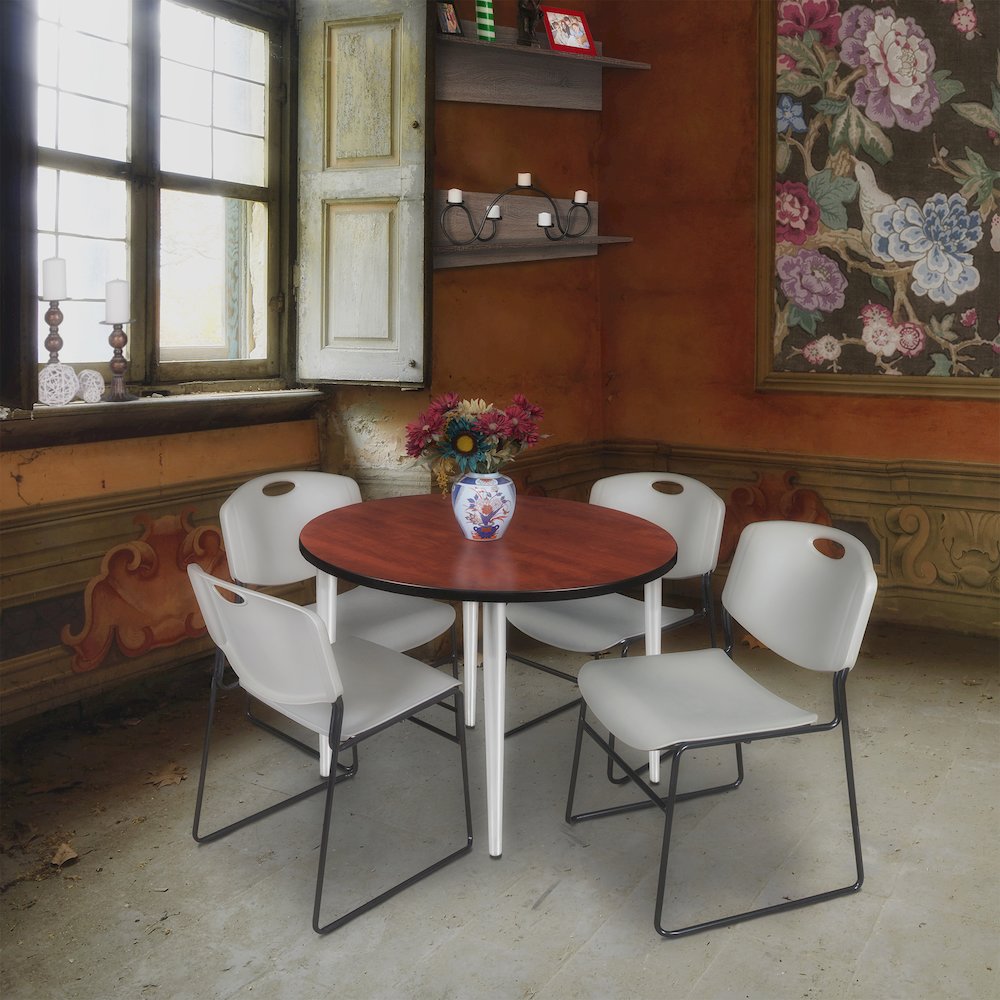 42 Round Breakroom Table- Cherry Top, Chrome Base & 4 Zeng Stack Chairs- Grey. Picture 8