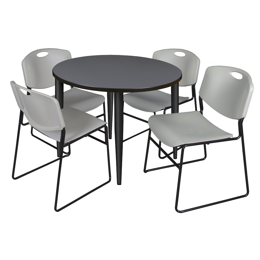 42 in. Round Breakroom Table- Grey Top, Black Base & 4 Zeng Stack Chairs- Grey. Picture 1
