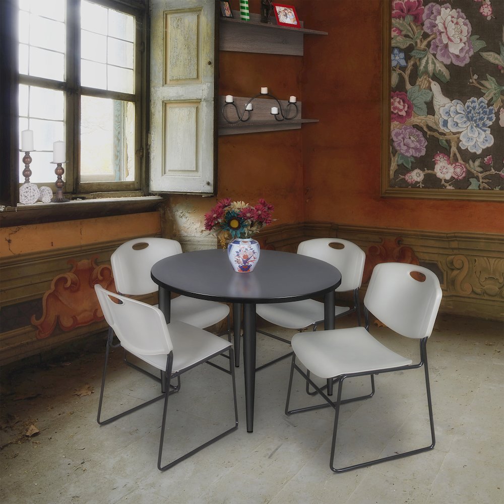 42 in. Round Breakroom Table- Grey Top, Black Base & 4 Zeng Stack Chairs- Grey. Picture 8