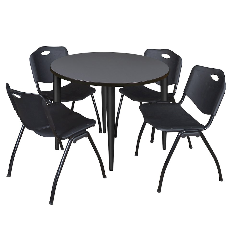 42 in. Round Breakroom Table- Grey Top, Black Base & 4 M Stack Chairs- Black. Picture 1