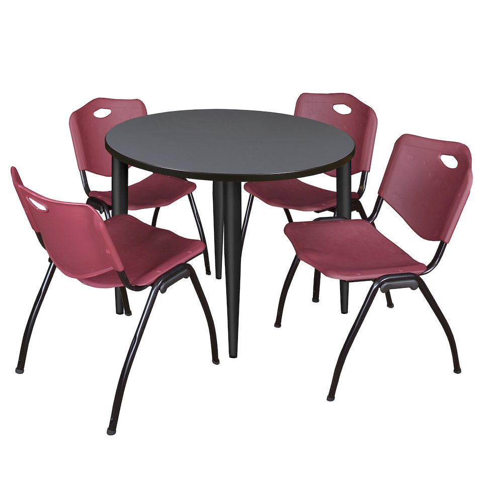 42 in. Round Breakroom Table- Grey Top, Black Base & 4 M Stack Chairs- Burgundy. Picture 1
