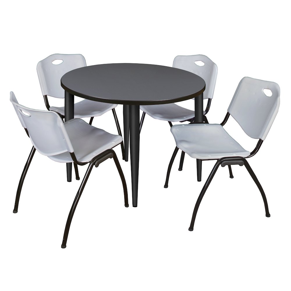42 in. Round Breakroom Table- Grey Top, Black Base & 4 M Stack Chairs- Grey. Picture 1