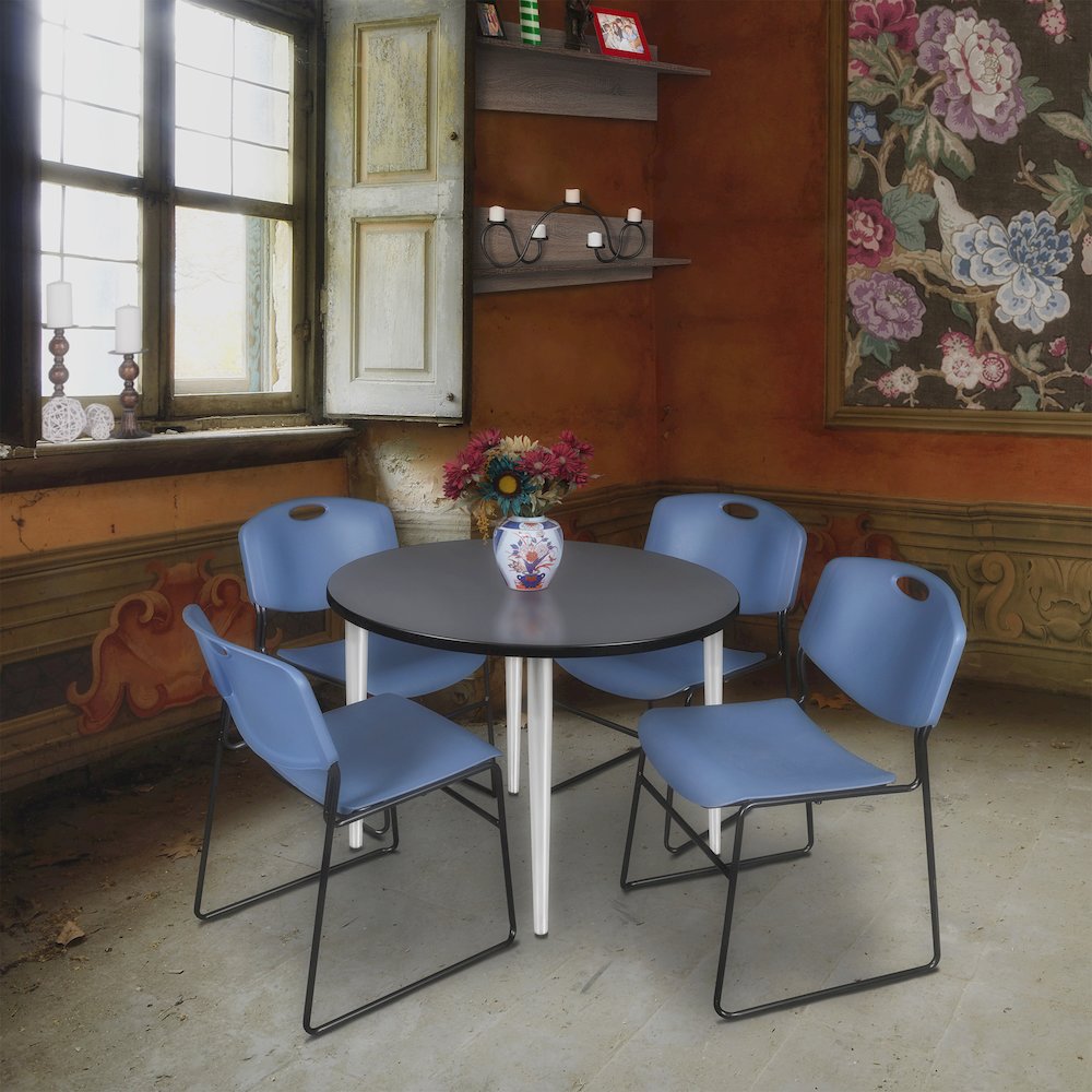 42 in. Round Breakroom Table- Grey Top, Chrome Base & 4 Zeng Stack Chairs- Blue. Picture 8