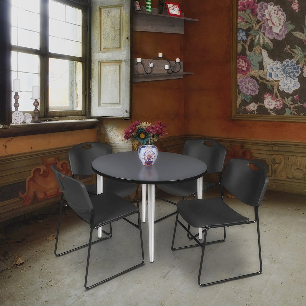 42 in. Round Breakroom Table- Grey Top, Chrome Base & 4 Zeng Stack Chairs- Black. Picture 8