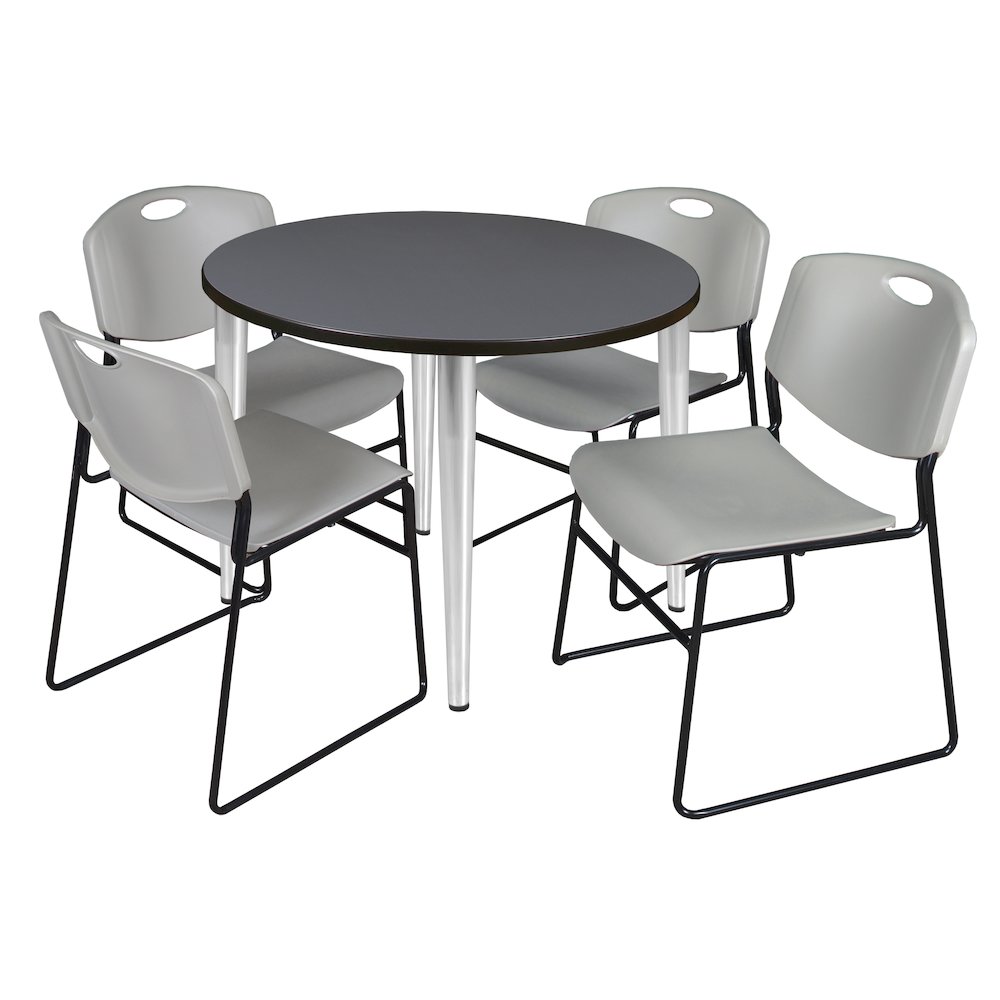 42 in. Round Breakroom Table- Grey Top, Chrome Base & 4 Zeng Stack Chairs- Grey. Picture 1