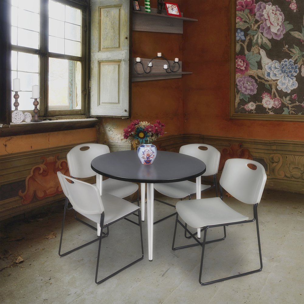 42 in. Round Breakroom Table- Grey Top, Chrome Base & 4 Zeng Stack Chairs- Grey. Picture 8