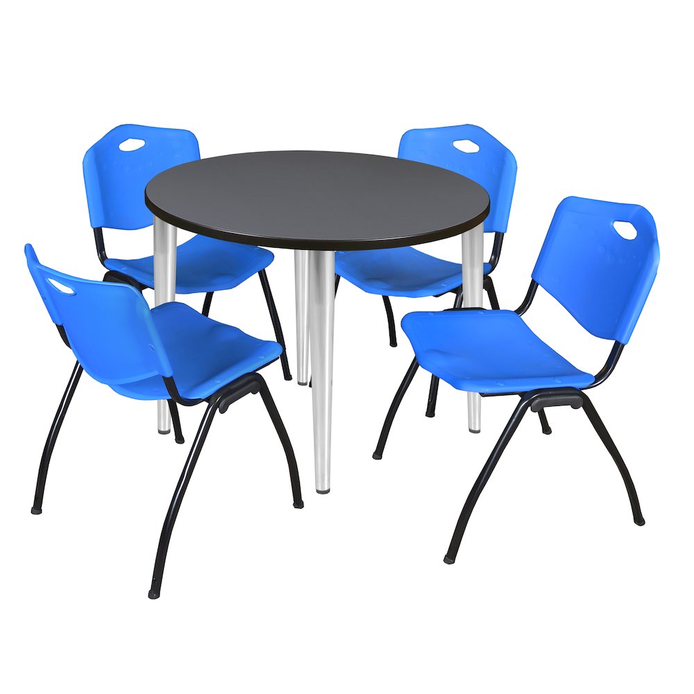 42 in. Round Breakroom Table- Grey Top, Chrome Base & 4 M Stack Chairs- Blue. Picture 1