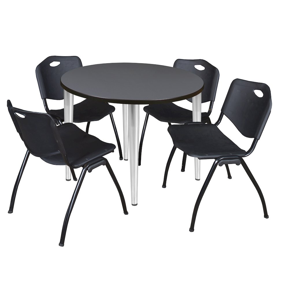 42 in. Round Breakroom Table- Grey Top, Chrome Base & 4 M Stack Chairs- Black. Picture 1