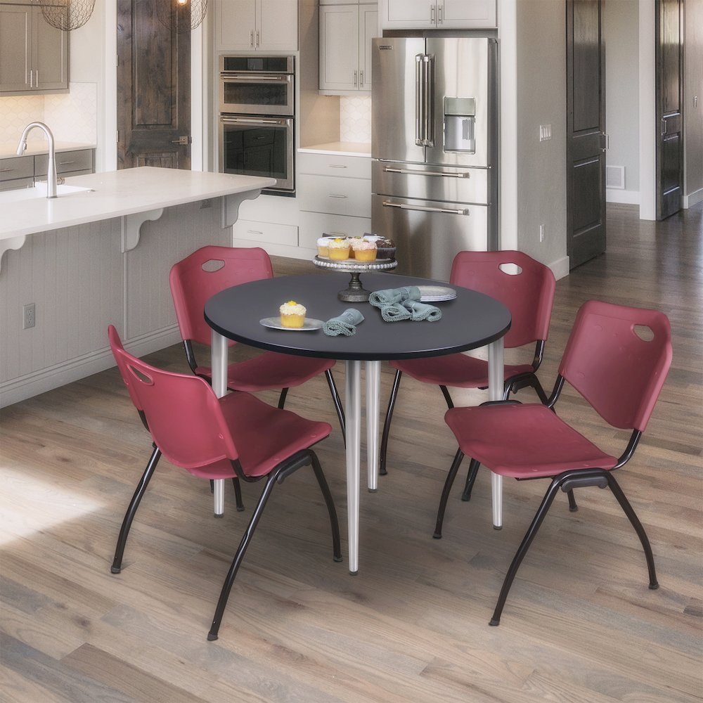 42 in. Round Breakroom Table- Grey Top, Chrome Base & 4 M Stack Chairs- Burgundy. Picture 8