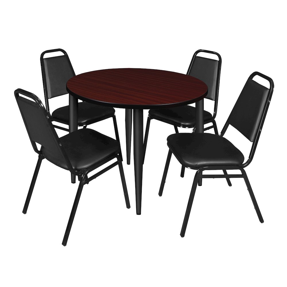 42 Round Breakroom Table- Mahogany Top, Black Base & 4 Stack Chairs- Black. Picture 1