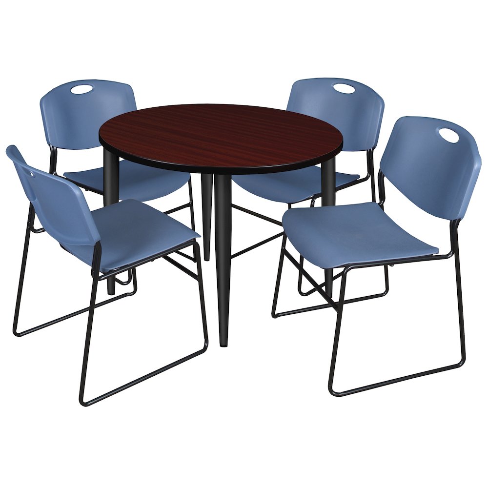 42 Round Breakroom Table- Mahogany Top, Black Base & 4 Zeng Stack Chairs- Blue. Picture 1