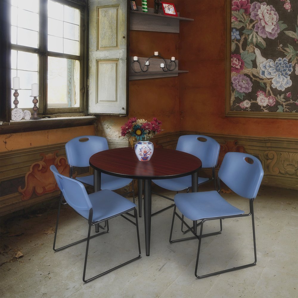 42 Round Breakroom Table- Mahogany Top, Black Base & 4 Zeng Stack Chairs- Blue. Picture 8