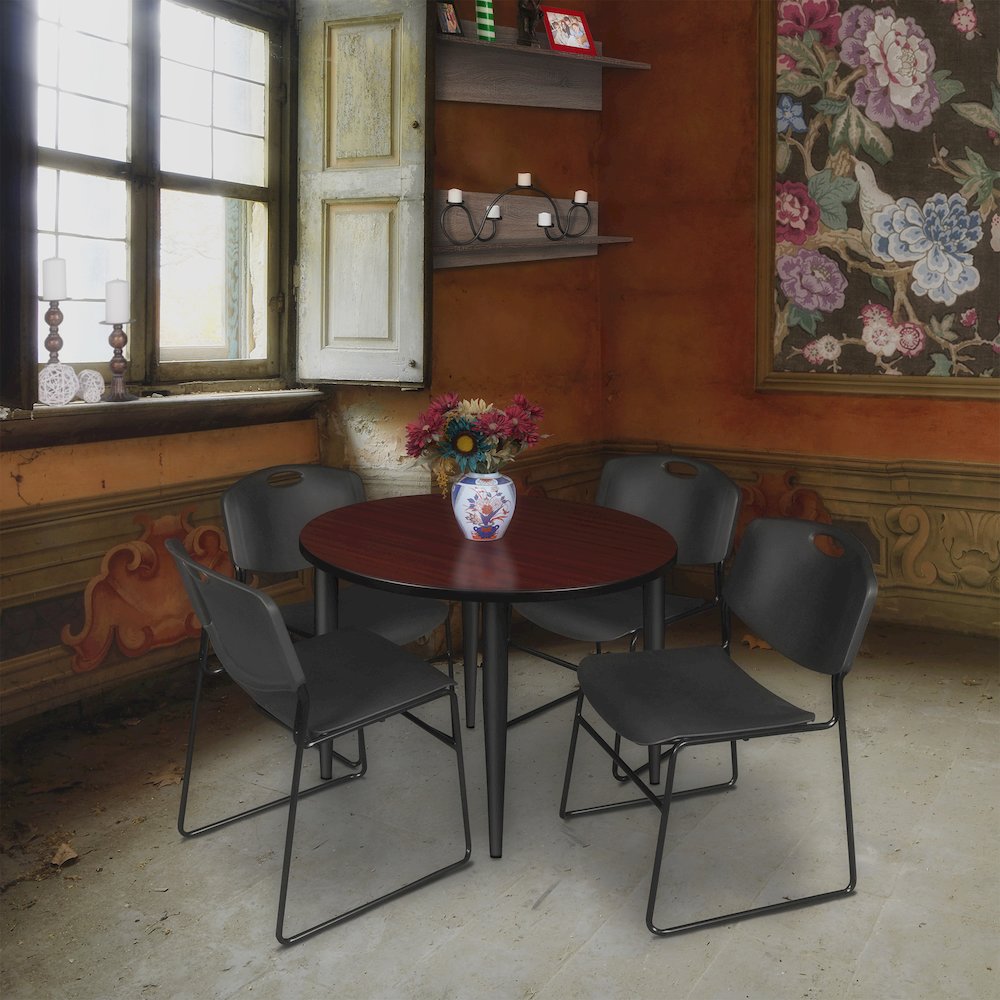 42 Round Breakroom Table- Mahogany Top, Black Base & 4 Zeng Stack Chairs- Black. Picture 8