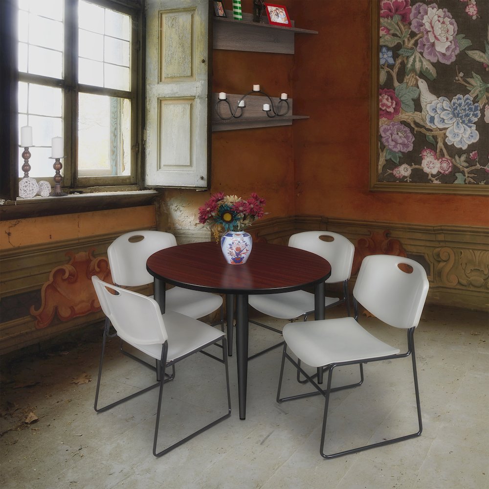 42 Round Breakroom Table- Mahogany Top, Black Base & 4 Zeng Stack Chairs- Grey. Picture 8