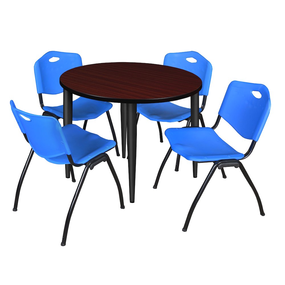 42 in. Round Breakroom Table- Mahogany Top, Black Base & 4 M Stack Chairs- Blue. Picture 1