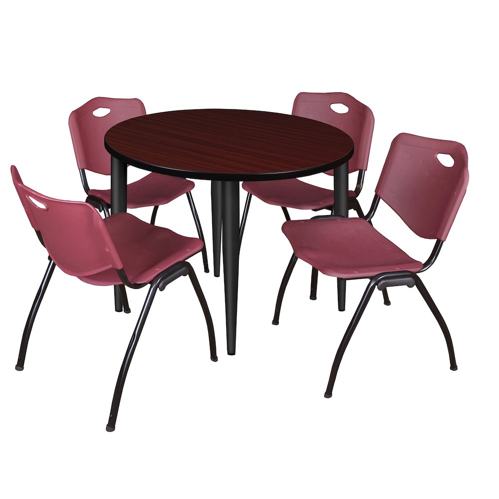42 Round Breakroom Table- Mahogany Top, Black Base & 4 M Stack Chairs- Burgundy. Picture 1