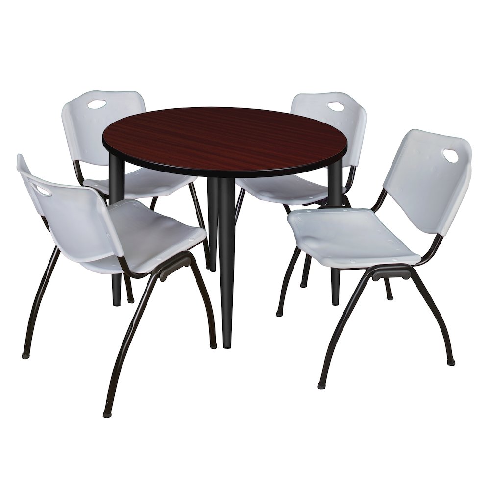 42 in. Round Breakroom Table- Mahogany Top, Black Base & 4 M Stack Chairs- Grey. Picture 1