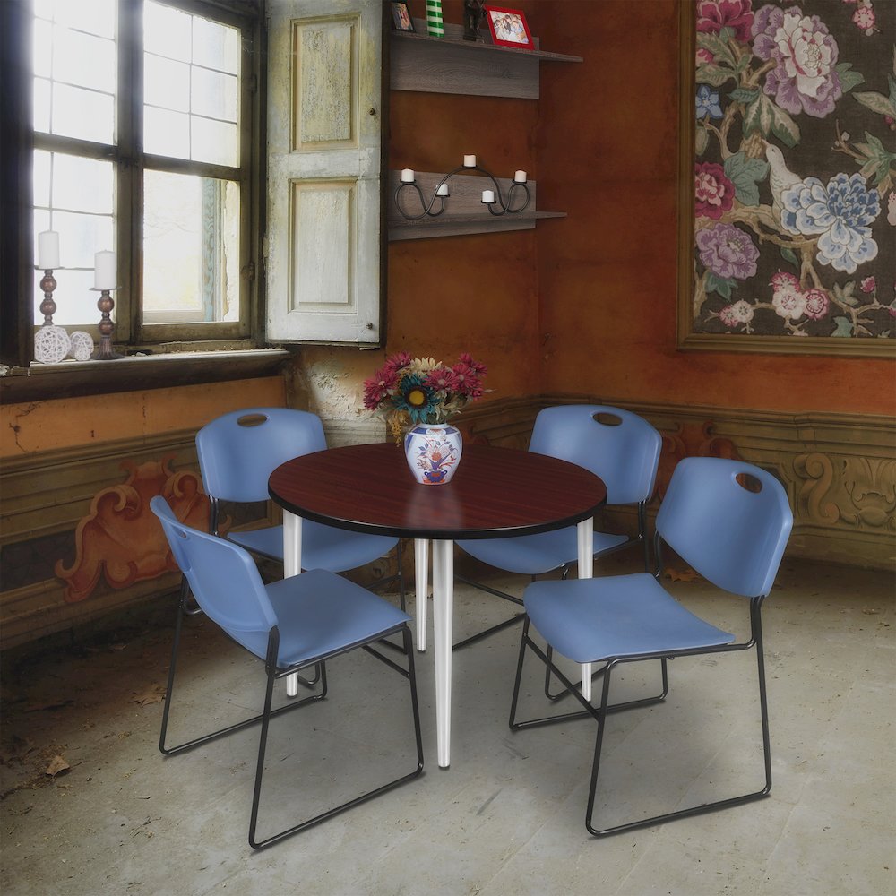 42 Round Breakroom Table- Mahogany Top, Chrome Base & 4 Zeng Stack Chairs- Blue. Picture 8