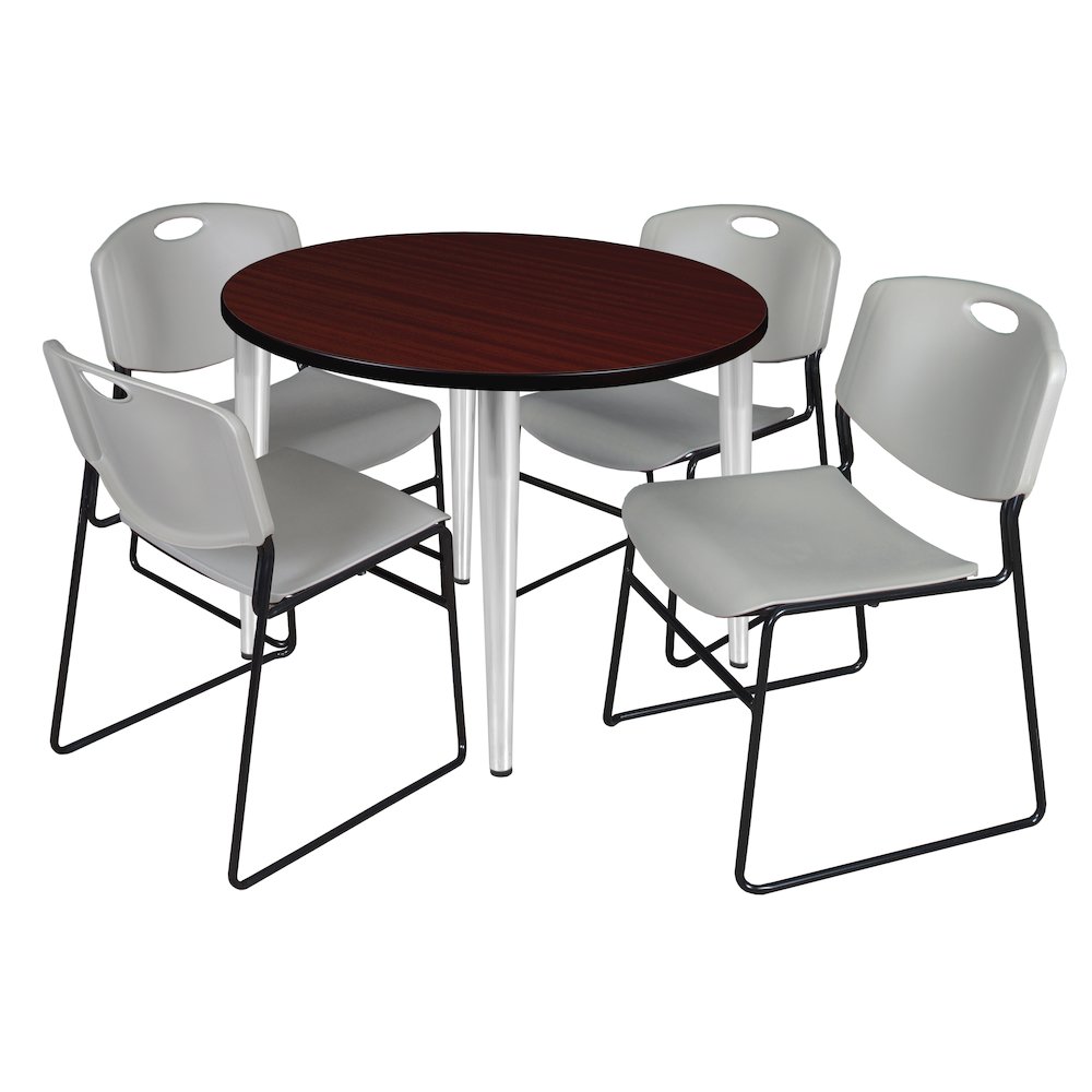 42 Round Breakroom Table- Mahogany Top, Chrome Base & 4 Zeng Stack Chairs- Grey. Picture 1
