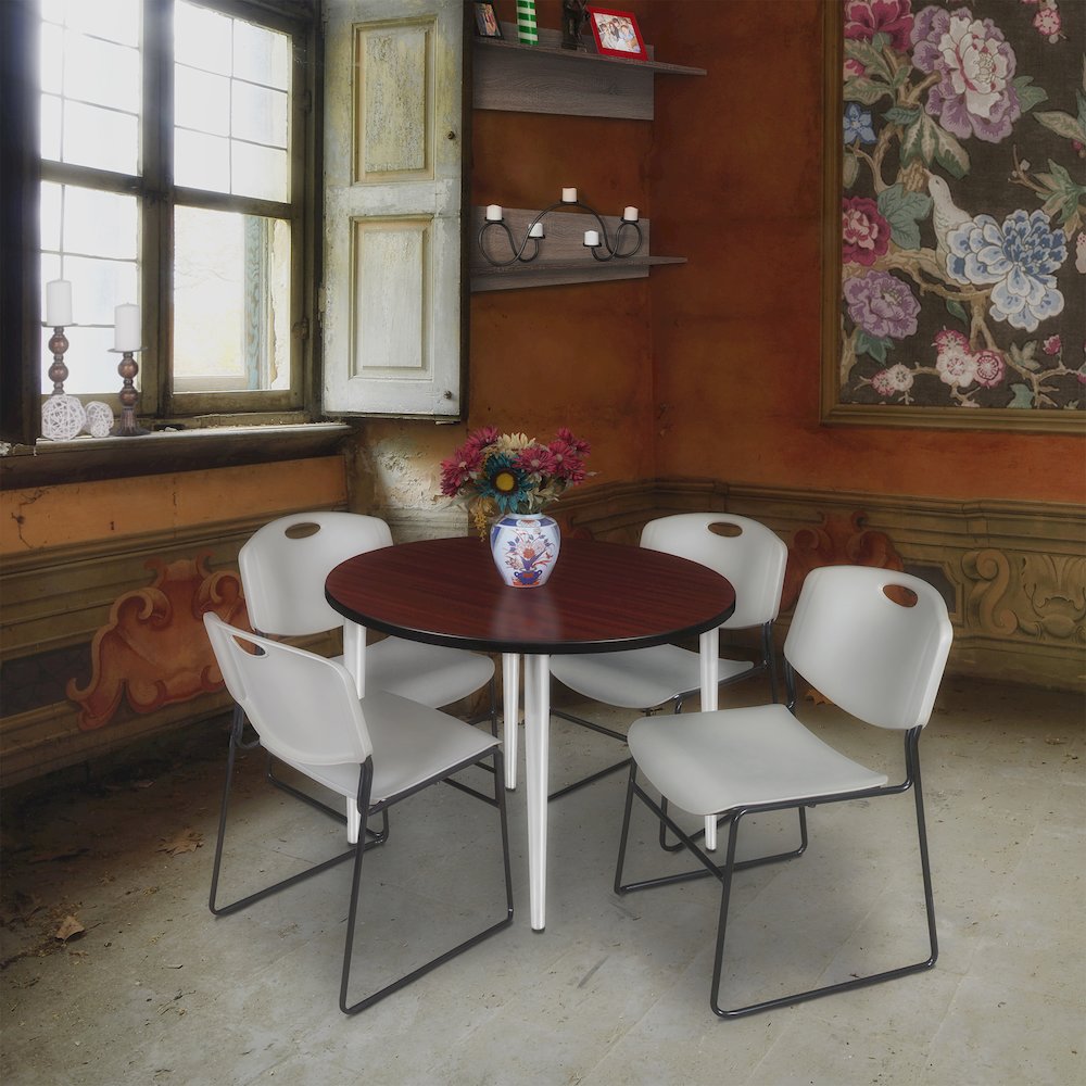 42 Round Breakroom Table- Mahogany Top, Chrome Base & 4 Zeng Stack Chairs- Grey. Picture 8