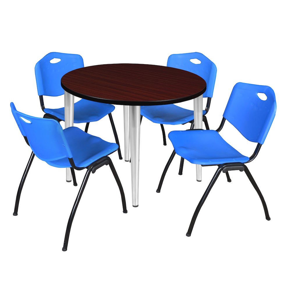 42 in. Round Breakroom Table- Mahogany Top, Chrome Base & 4 M Stack Chairs- Blue. Picture 1