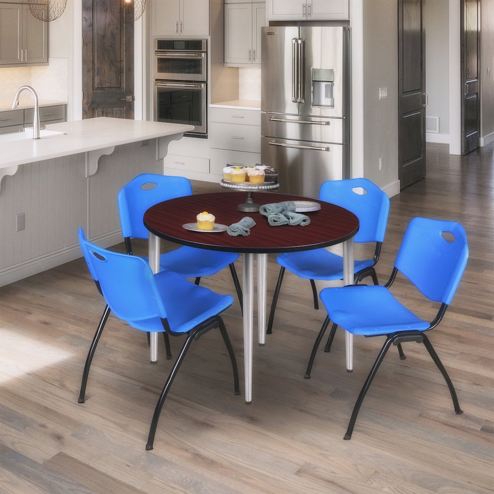42 in. Round Breakroom Table- Mahogany Top, Chrome Base & 4 M Stack Chairs- Blue. Picture 8
