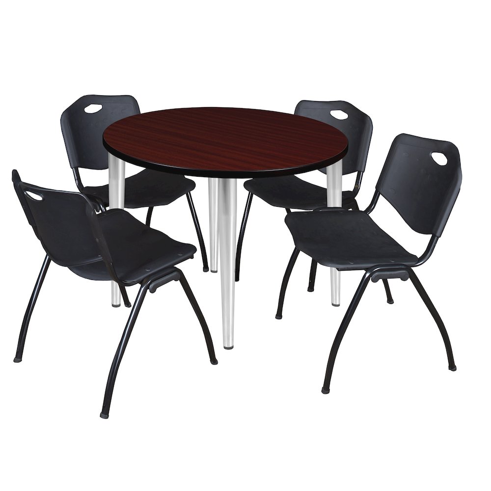 42 Round Breakroom Table- Mahogany Top, Chrome Base & 4 M Stack Chairs- Black. Picture 1