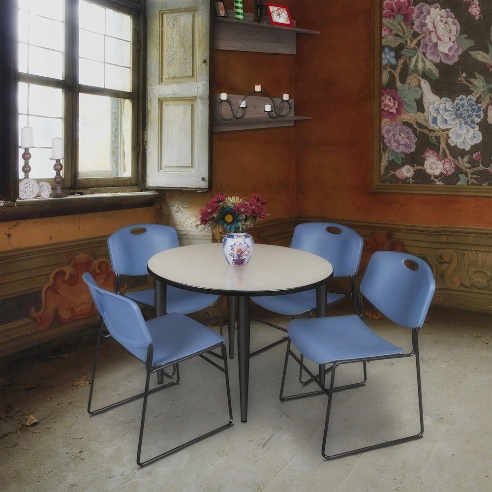 42 in. Round Breakroom Table- Maple Top, Black Base & 4 Zeng Stack Chairs- Blue. Picture 8