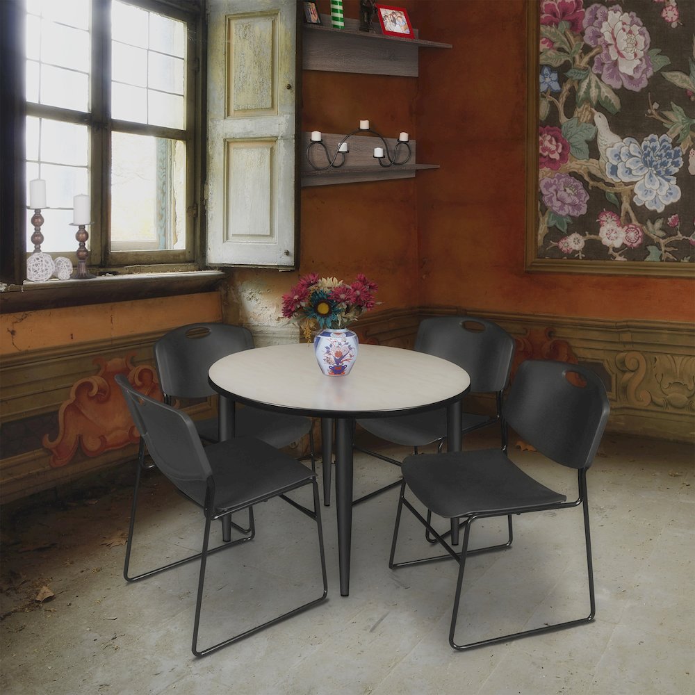 42 in. Round Breakroom Table- Maple Top, Black Base & 4 Zeng Stack Chairs- Black. Picture 8