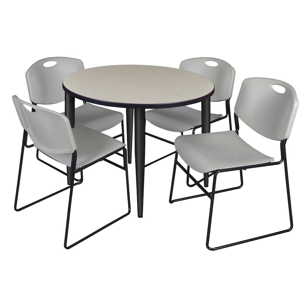 42 in. Round Breakroom Table- Maple Top, Black Base & 4 Zeng Stack Chairs- Grey. Picture 1