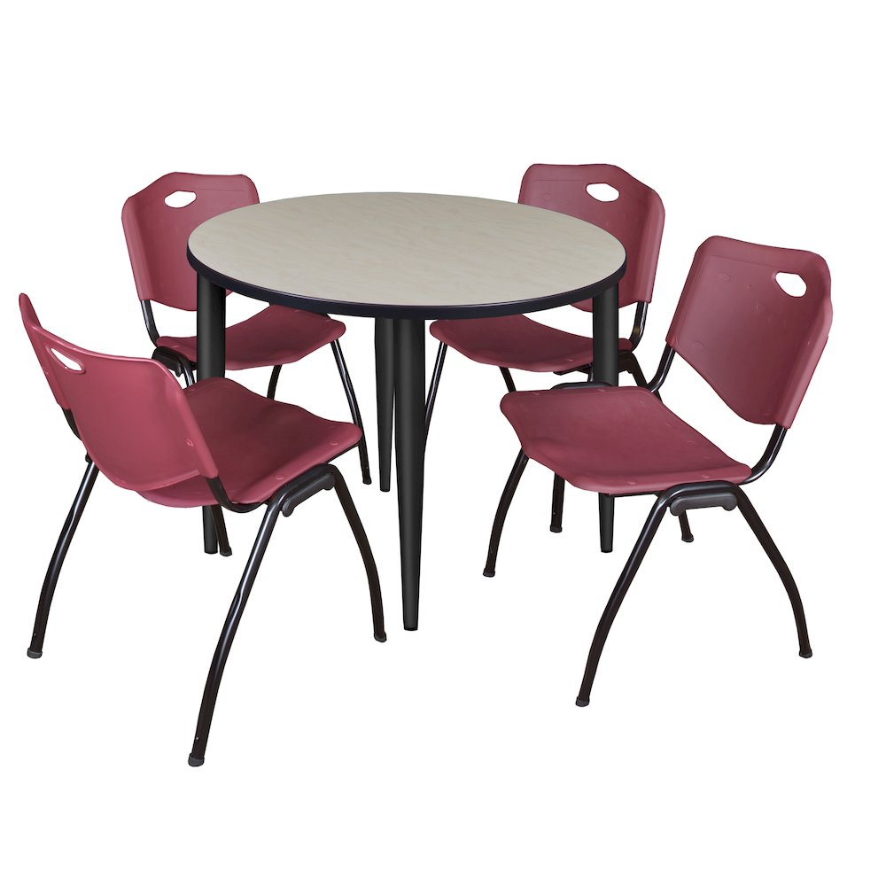 42 in. Round Breakroom Table- Maple Top, Black Base & 4 M Stack Chairs- Burgundy. Picture 1
