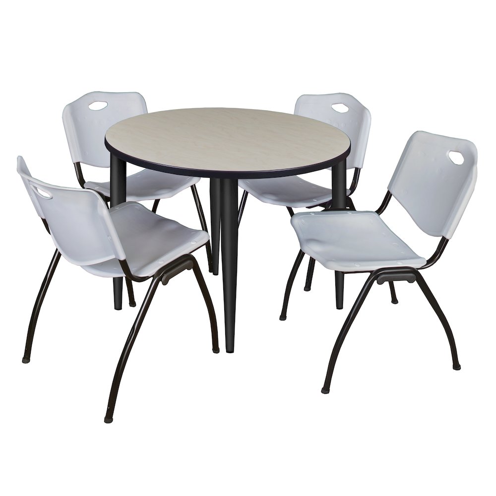 42 in. Round Breakroom Table- Maple Top, Black Base & 4 M Stack Chairs- Grey. Picture 1