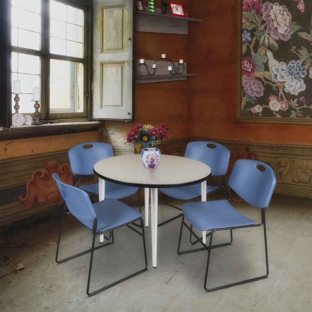 42 in. Round Breakroom Table- Maple Top, Chrome Base & 4 Zeng Stack Chairs- Blue. Picture 8