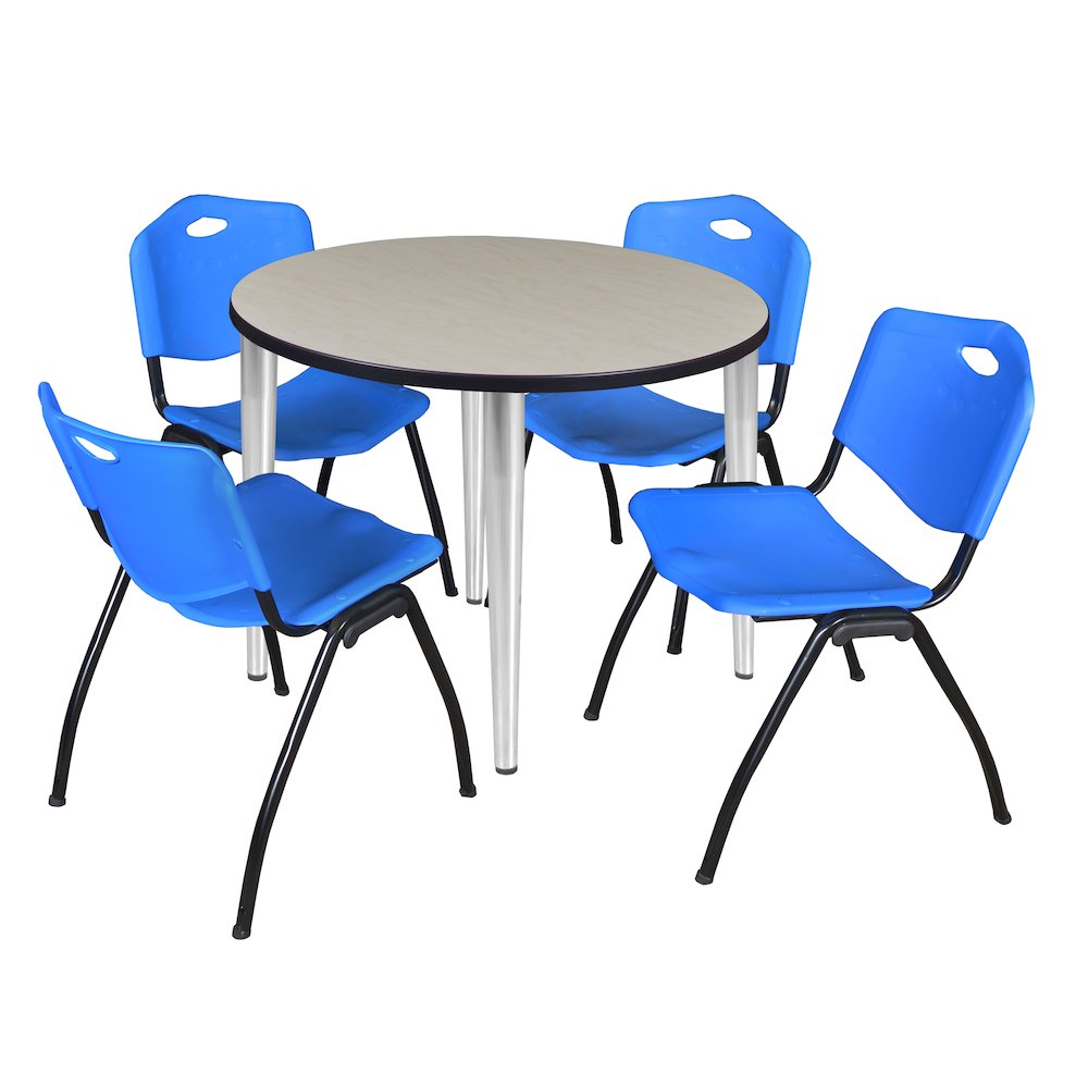 42 in. Round Breakroom Table- Maple Top, Chrome Base & 4 M Stack Chairs- Blue. Picture 1