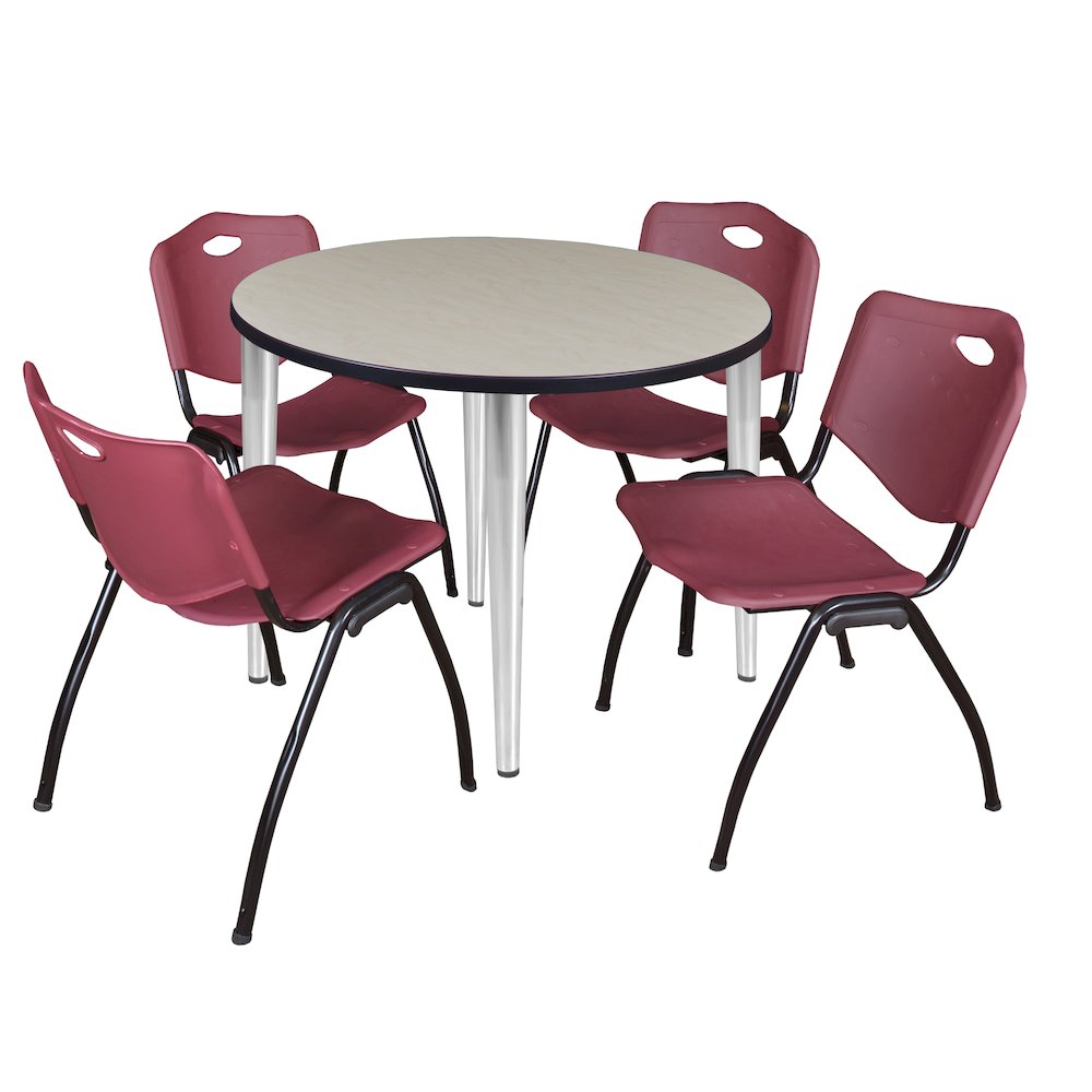 42 Round Breakroom Table- Maple Top, Chrome Base & 4 M Stack Chairs- Burgundy. Picture 1