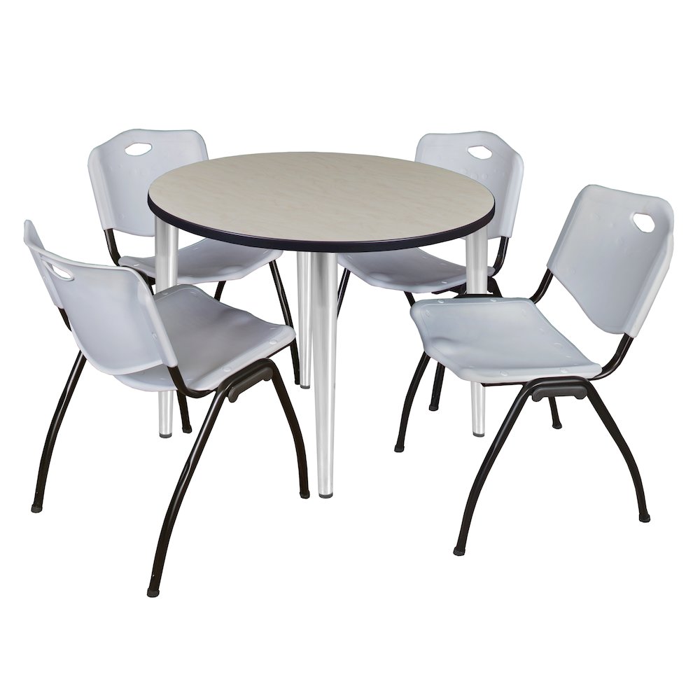 42 in. Round Breakroom Table- Maple Top, Chrome Base & 4 M Stack Chairs- Grey. Picture 1