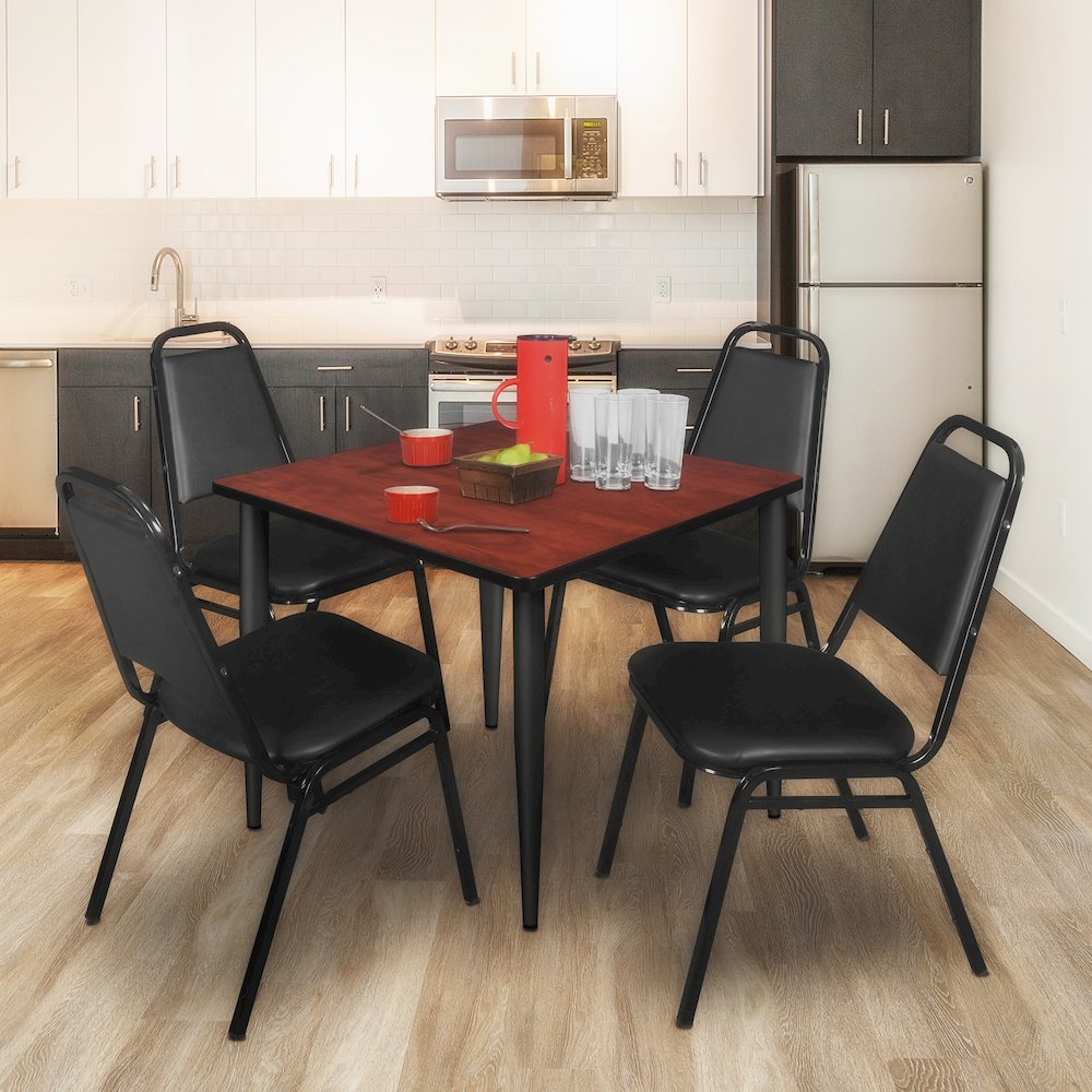 48 Square Breakroom Table- Cherry Top, Black Base & 4 Stack Chairs- Black. Picture 9