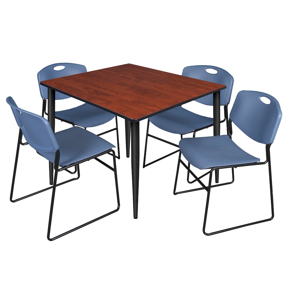 48 Square Breakroom Table- Cherry Top, Black Base & 4 Zeng Stack Chairs- Blue. Picture 1