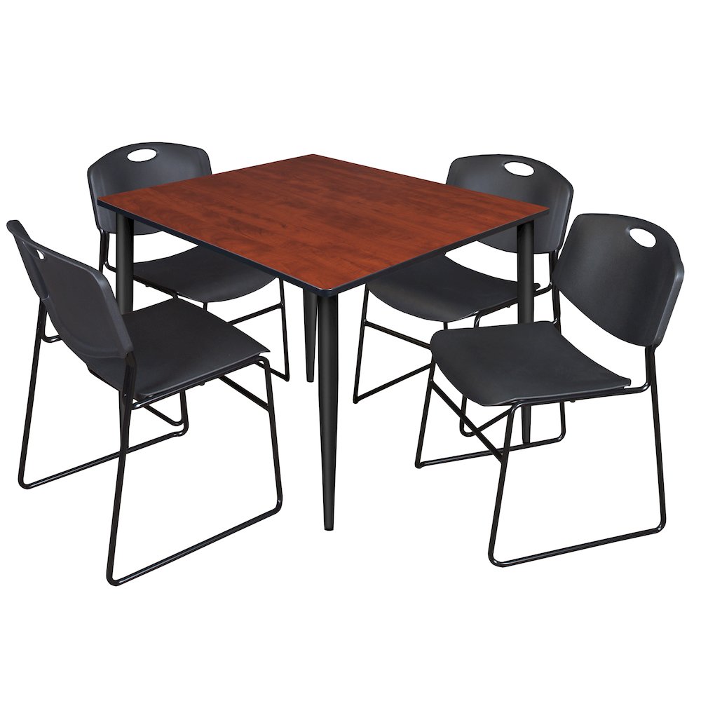 48 Square Breakroom Table- Cherry Top, Black Base & 4 Zeng Stack Chairs- Black. Picture 1