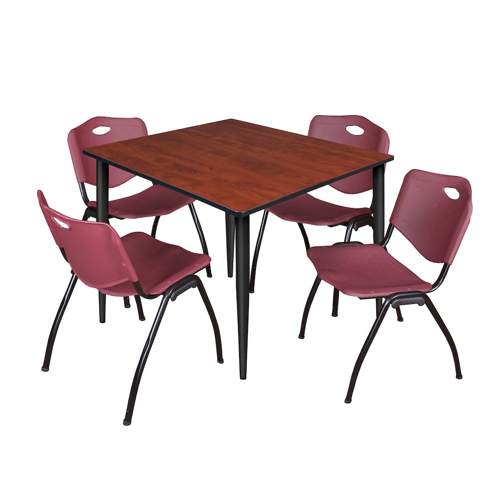 48 Square Breakroom Table- Cherry Top, Black Base & 4 M Stack Chairs- Burgundy. Picture 1
