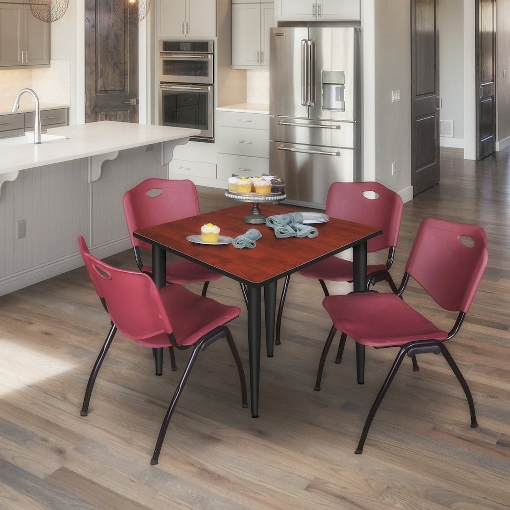 48 Square Breakroom Table- Cherry Top, Black Base & 4 M Stack Chairs- Burgundy. Picture 9